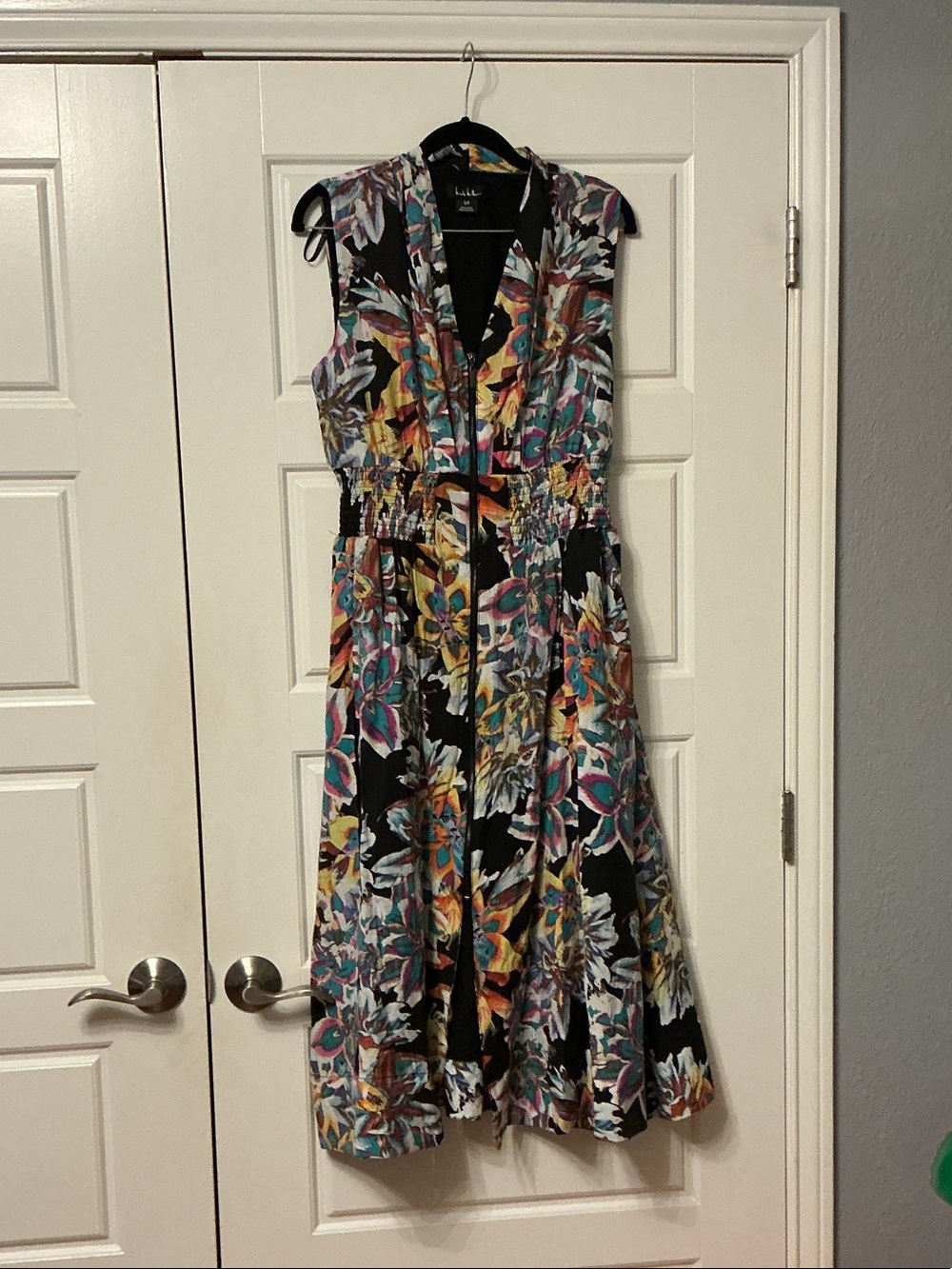 Nicole Miller Woman’s Zip Front Floral Printed Midi Dress with Smocked Waist.